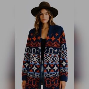 Navy and Orange Patterned  Western Women's Sweater